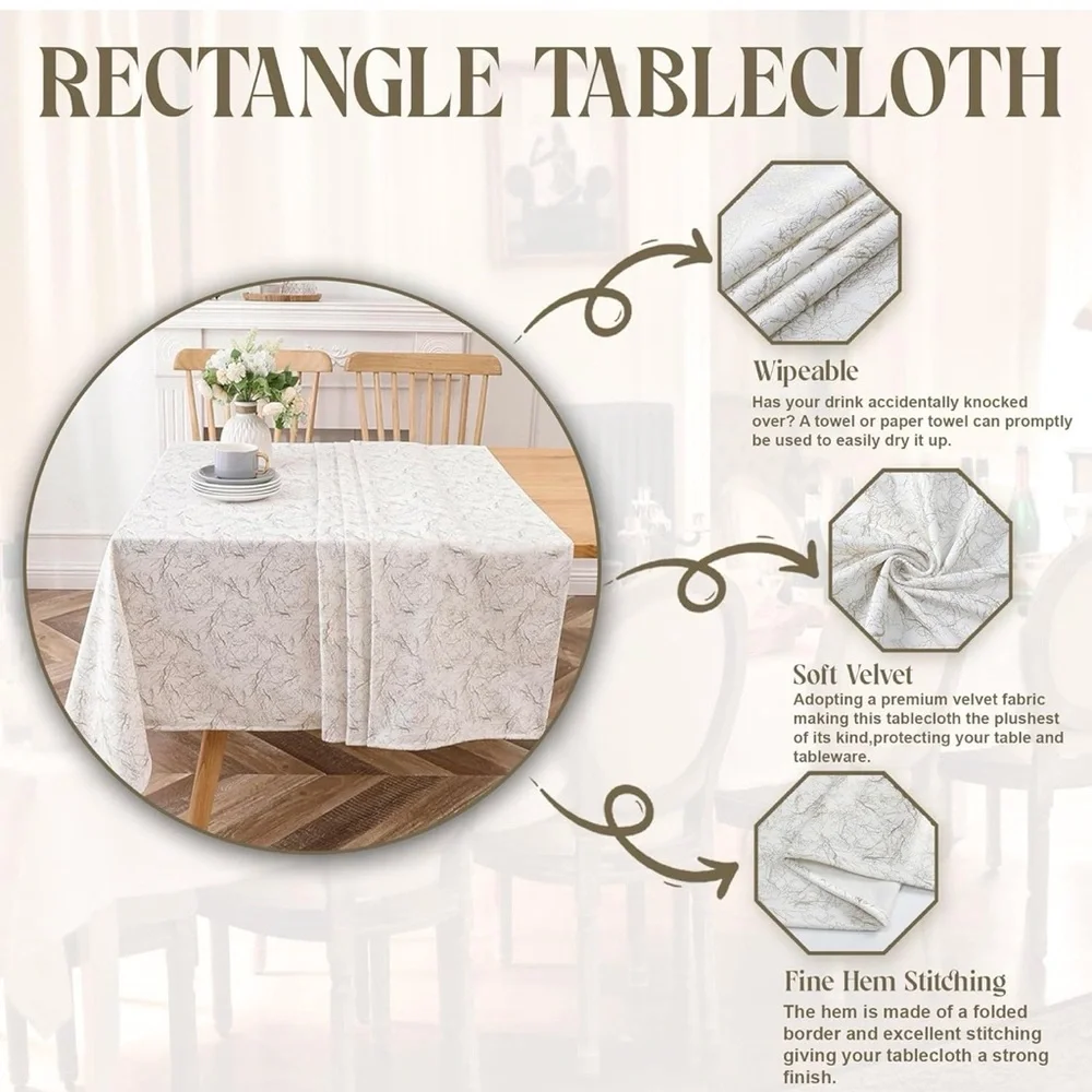 New Majestic Giftware Velvet Rectangle Tablecloth White With Gold Branch Print